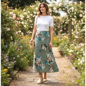 J. Jill A-Line Knit Maxi Skirt Large Petite Olive Floral Pull On Stretch Cottage